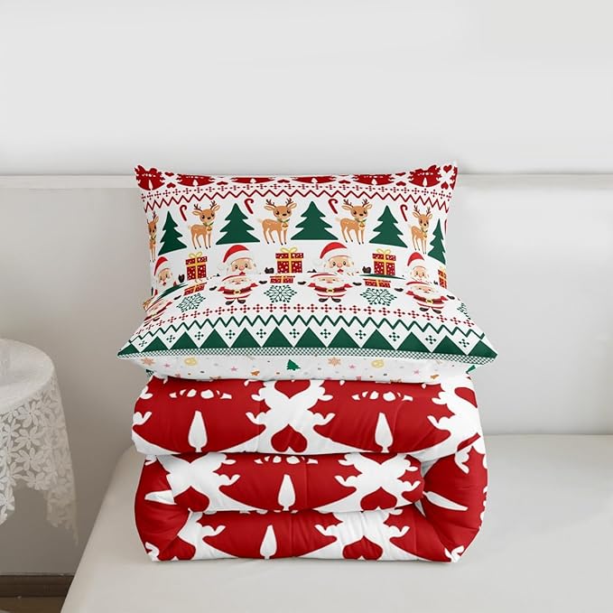 Feelyou Merry Christmas Kids Comforter Set Queen Size Santa Claus Bedding Set Cute Deer Duvet Quilt for Kids Boys Girls Bedroom Snowflake Decor Microfiber Ultra Soft Breathable