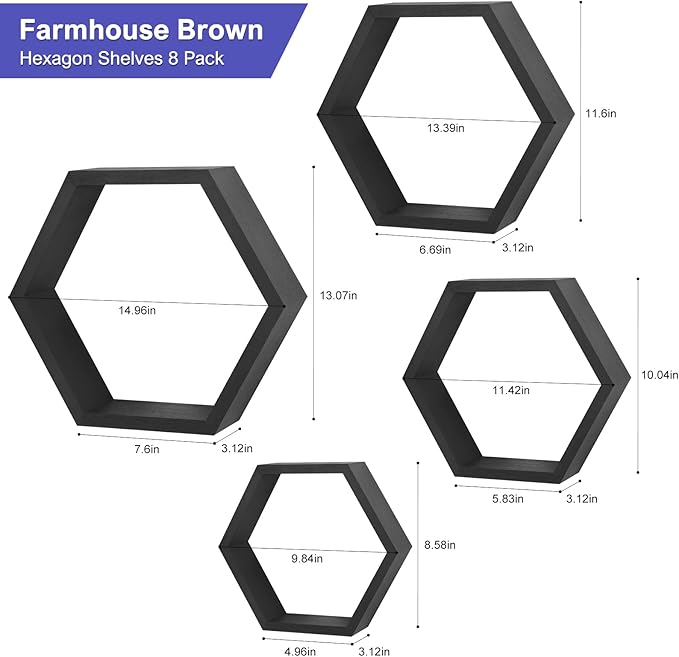 CADUKE Hexagon Shelves for Wall Hexagonal Floating Shelves Set of 8 Honeycomb Wood Shelves for Wall Decor, Hanging Plants Shelf for Living Room Storage Hexagon Racks for Bedroom, Black