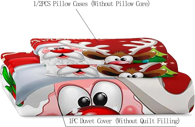 LUVIVIHOME 3PCS Red Christmas Duvet Cover Full Bedding Set, Boys Girls Kids Bedding, Santa Claus Snowman Reindeer Holiday New Year Xmas Gifts Christmas Comforter Bedspread Quilt Cover, 2 Pillow Cases