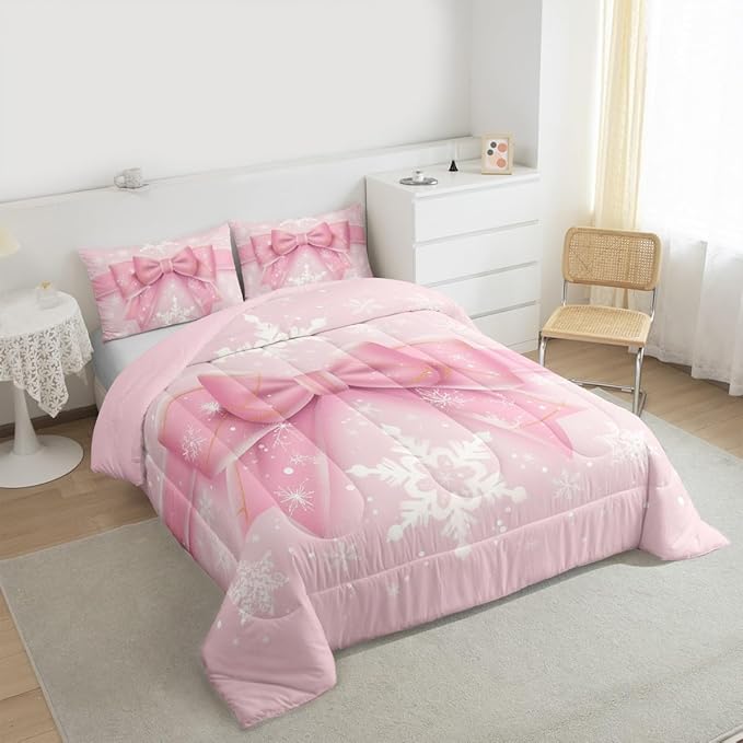 Feelyou Pink Bow Comforter Set All Season Coquette Bow Knot Bedding Set with 2 Pillow Cases Xmas Snowflake Kids King Bedclothes Cute Dreamy Princess Style Decor Christmas Duvet Quilt Soft Lightweight