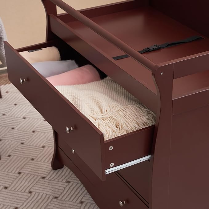 Karl home Changing Table Dresser Baby Diaper Changing Station Infant Nursing Table with 3 Drawers, Safety Rail & Strap for Bedroom, Nursery, Brown