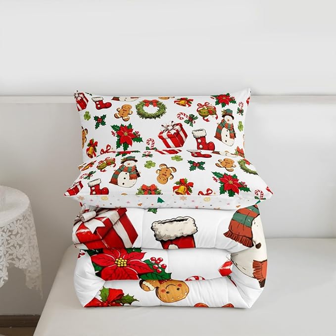 jejeloiu Merry Christmas Comforter Set Full Size Cute Snowman Bedding Set for Kids Boys Girls Gingerbread Man Duvet Quilt White Bedroom Decor