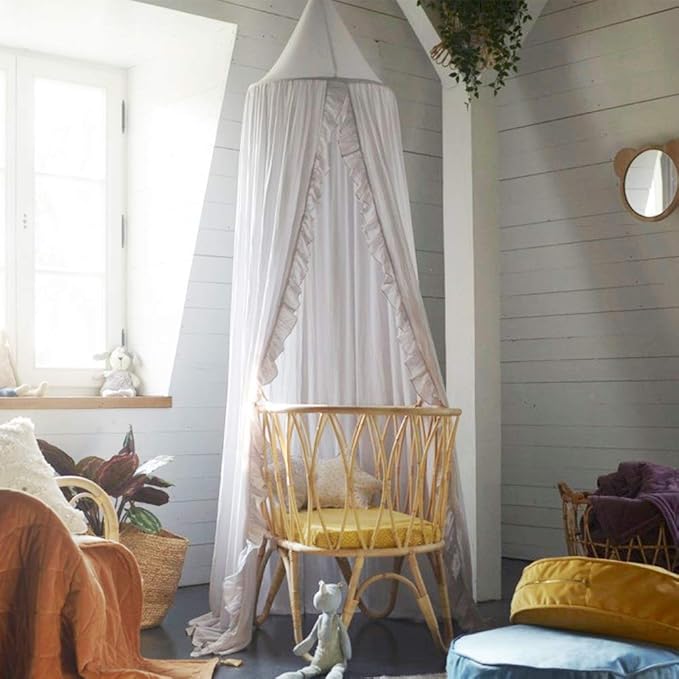Bed Canopy with Frills Reading Nook Game Tent for Kids Boho Hanging Net Play Room Decor(White)