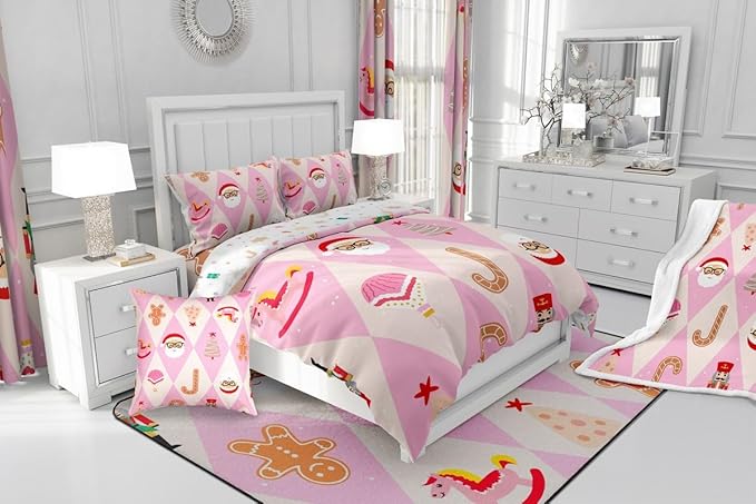 Feelyou Pink Christmas Kids Comforter Set Queen Size Santa Claus Bedding Set Xmas Tree Nutcracker soldier Duvet Quilt for Kids Boys Girls Bedroom Gingerbread Man Decor Microfiber Ultra Soft Breathable