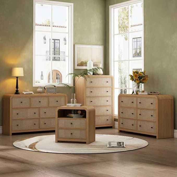 Oak&Sparrow 2 Drawer Tall Dresser for Bedroom, 23.6'' Rattan Dresser with Ample Storage, Boho Chest of Drawers, Thickened Curved Profile Design, Oak Dressers for Bedroom, Living Room