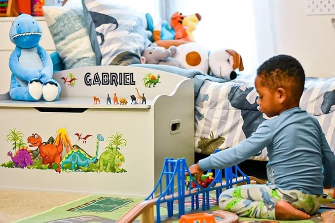 DIBSIES Personalized Creative Wonders Toy Box, Dinosaurs, 30 x 19.25 x 18 inches, Soft-Close Lid (Blue)