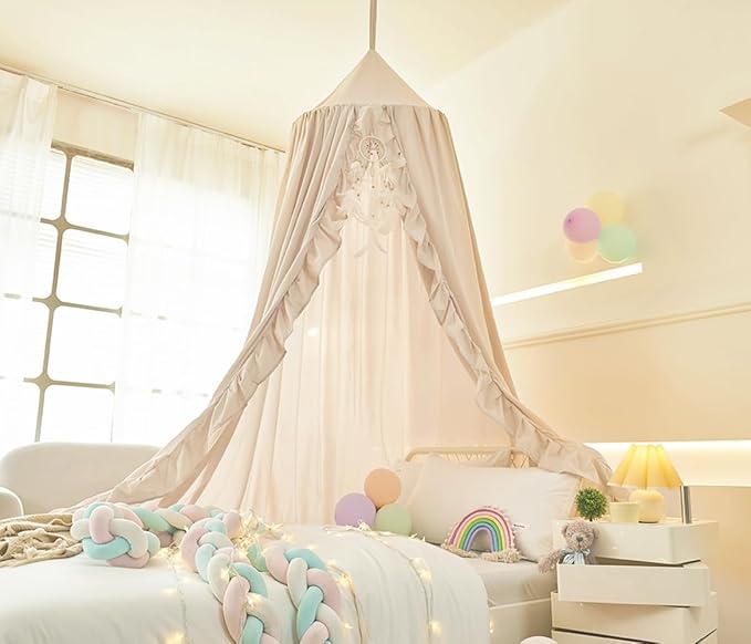 Mengersi Bed Canopy for Girls,Ruffled Canopy Bed Curtains Kids Canopy for Girls Room,Hanging Canopy Princess Play Tent for Reading Nook Play Room Decor (Ivory)