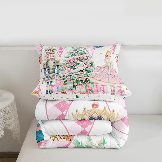 jejeloiu Christmas Nutcracker Comforter Set Twin Size Gingerbread Man Bedding Set for Kids Boys Girls Xmas Tree Duvet Quilt White Pink Bedroom Decor
