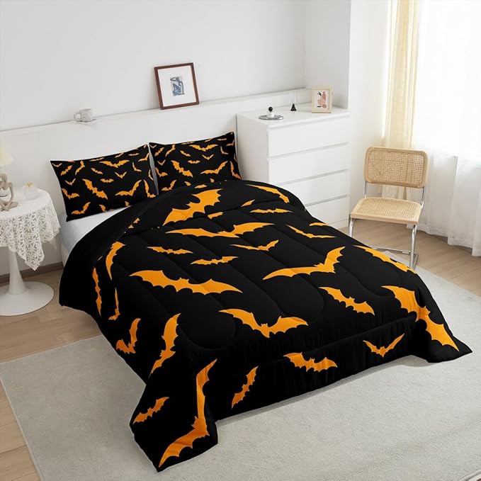 Erosebridal Bat Quilt Happy Halloween Decor Comforter Set Twin Size for Kids Boys Youth Gothic Spooky Bedding Set Orange Bats Silhouette Duvet Insert with 1 Pillow Case