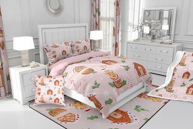 Feelyou Pink Christmas Comforter Set All Season Gingerbread Man Bedding Set with 2 Pillow Cases Christmas Pastry Microfiber Kids King Bedclothes Candy Cane Bedroom Decor Duvet Quilt Breathable Soft