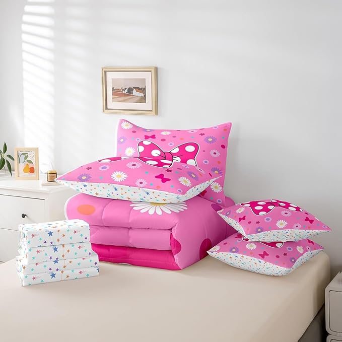 7 Pieces Pink Bowknot Kids Comforter Set Full,Daisy Flowers Geometric Dot Patchwork Bedding Set,Bow Tie Cute Princess Dreamy Chic（Comforter+Fitted+Flat Sheet+2 Pillowcases+2 Throw Pillow Covers）