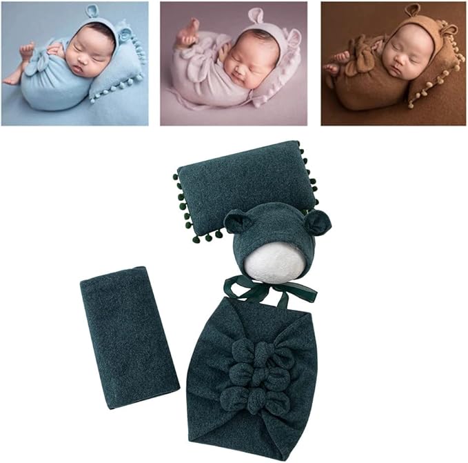Vemonllas Newborn Baby Boy Girl Photography Props Bow Wrap, Posing Aid, Hat and Blanket Set of 4 Pcs
