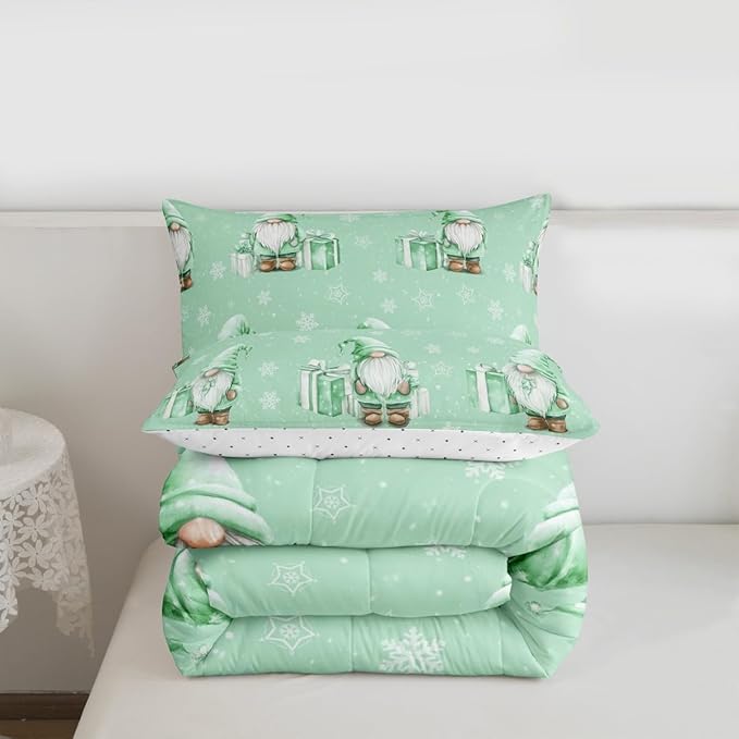 Feelyou Green Christmas Comforter Set All Season Scandinavian Christmas Santa Gnomes Bedding Set with 1 Pillow Cases Xmas Snowflake Kids Toddler Bedclothes Bedroom Decor Breathable Soft