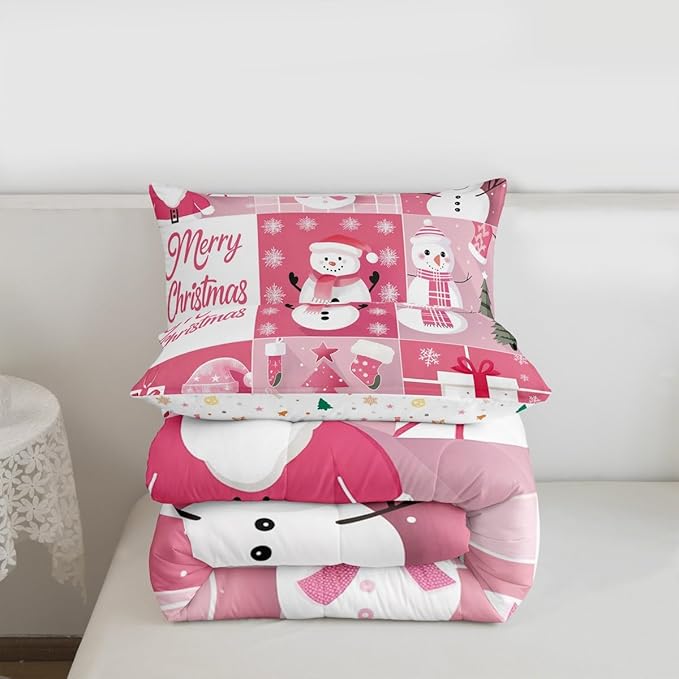 Xmas Comforter Set King Size,Snowman Christmas Tree Snowflake Duvet Insert for Kids Boys Girls Room Decor,Pink Plaid Patchwork Bedding Set 3Pcs,Merry Christmas Cartoon Quilt Set,2 Pillowcases