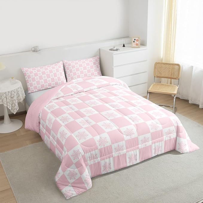Feelyou Christmas Kids Comforter Set King Size Checkered Bedding Set Snowflake Duvet Quilt for Kids Boys Girls Bedroom Xmas Decorations Decor Pink Microfiber Ultra Soft Breathable