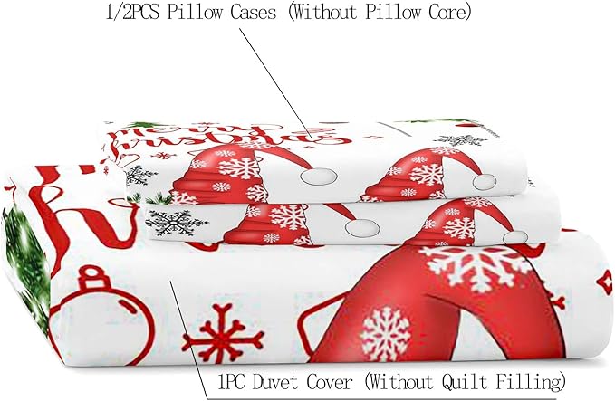LUVIVIHOME 2PCS Christmas Gnome Duvet Cover Twin, Christmas Bedding, White Duvet Cover, Holiday New Year Xmas Santa Swedish Tomte Snowflake Red Black Buffalo Plaid Comforter Quilt Cover, 1 Pillow Sham