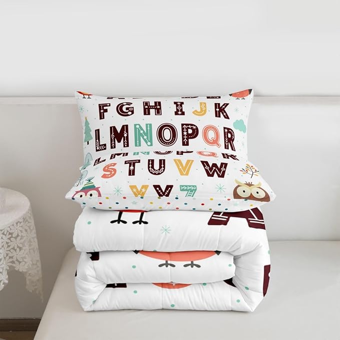 Feelyou Alphabet Kids ABC Learning Comforter Set Full Size Cartoon Owls Bedding Set for Kids Boys Girls Educational Nursery Art Duvet Quilt Wildlife Bedroom Decor 3 Pcs with 2 Pillow Cases