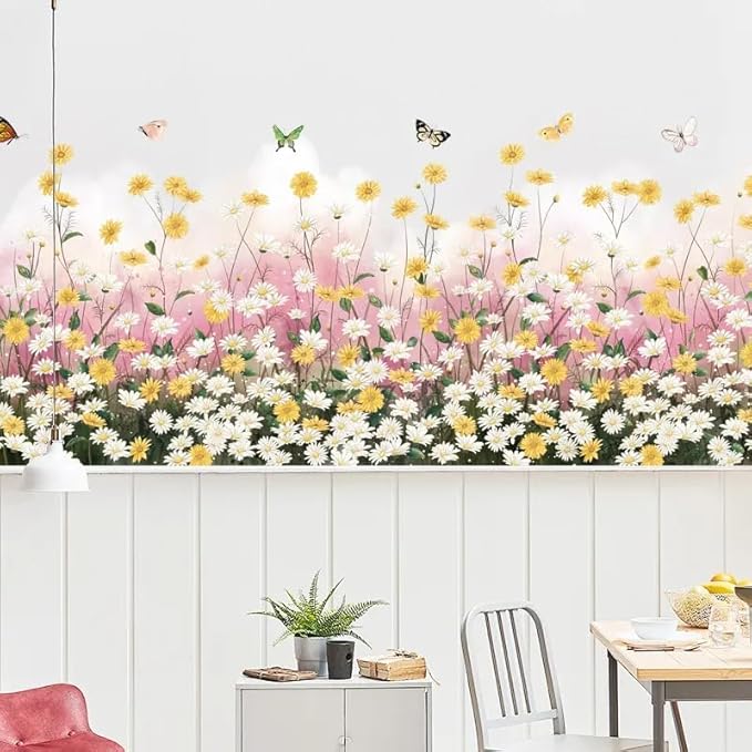 Sicker Universe 12x36 Inch Set - Daisy Flowers Sofa Bedroom Pink Gypsophila Stickers Butterfly Plant Skirting Line Floral Wall Decals for Decor, Self Adhesive Vinyl for Home Decor (Floral Design #6)
