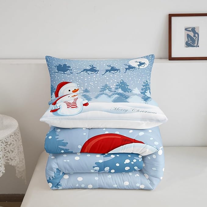 Manfei Snowman Comforter Set King Size, Xmas Deer Trees Print Quilt Set with 2 Pillowcases, Winter Snowflake Merry Christmas Bedding Set 3pcs for Kids Boys Girls Bedroom Decor