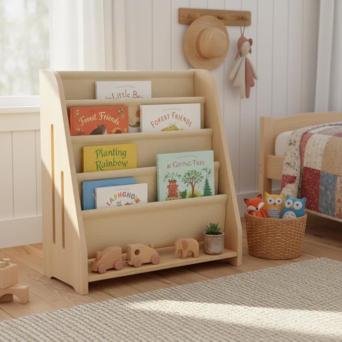 Baby Bookshelf Wood Montessori Kids Book Shelf Dutch Design 5Tier Scalloped,NaturalMapleWood Pattern