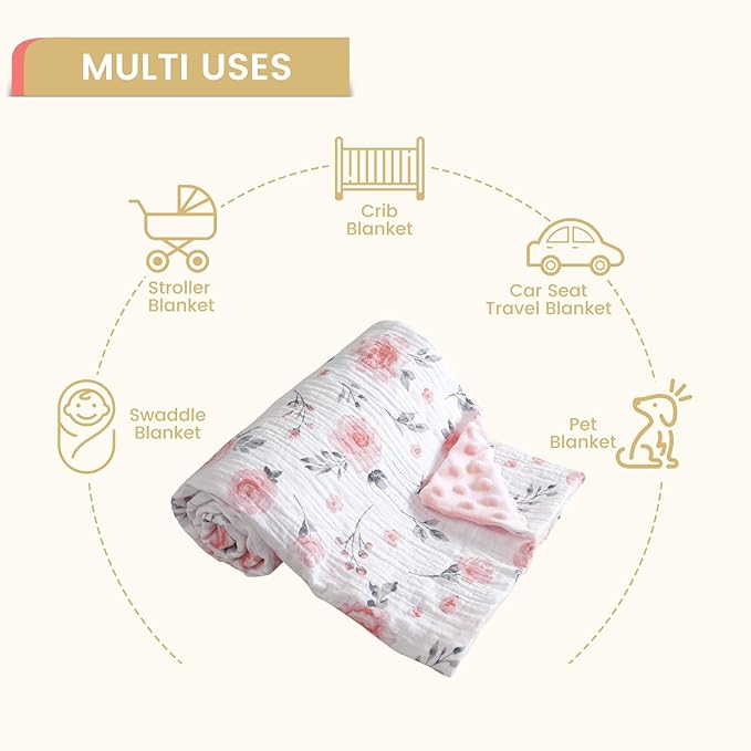 david's kids Muslin Minky Baby Blanket for Girls with Muslin Cotton Front and Dotted Fleece Backing, Breathable and Soft Lightweight Receiving Blanket for Newborns, 50x60 Inches, Floral