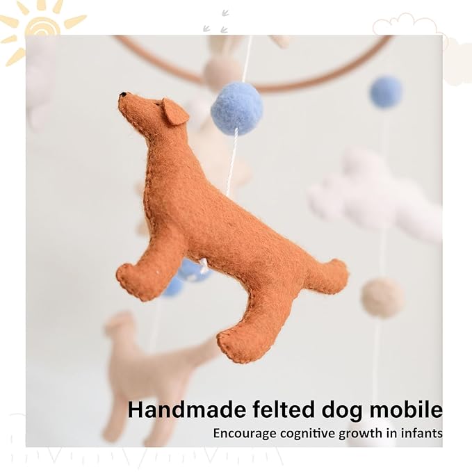 Dog Baby Mobile, Mobile for Crib, Crib Mobile for Boys and Girls, Nursery Mobile for Bassinet, Pack and Play, Dog, Moon, Cloud, Star, Blue Felt Ball