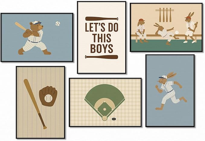 Baseball Poster Canvas, Baby Boy Sports Nursery Wall Art, Cute Animal Rabbit Bear Athletes Pictures, Let's Do This Boys Charming Quote Print, Kids Bedroom Baseball Field Art 8x12in Unframed