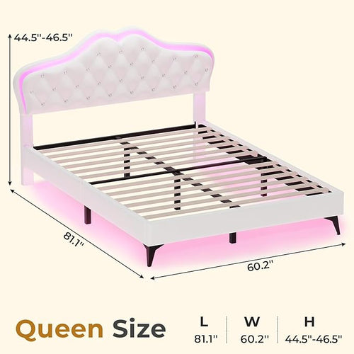 ADORNEVE Queen Bed Frame with RGB LED Lights, Princess Bed Frame with Adjustable Crystal Button Headboard, Velvet Upholstered Platform Bed for Girls, Solid Wooden Slats, Easy Assembly, Creamy White