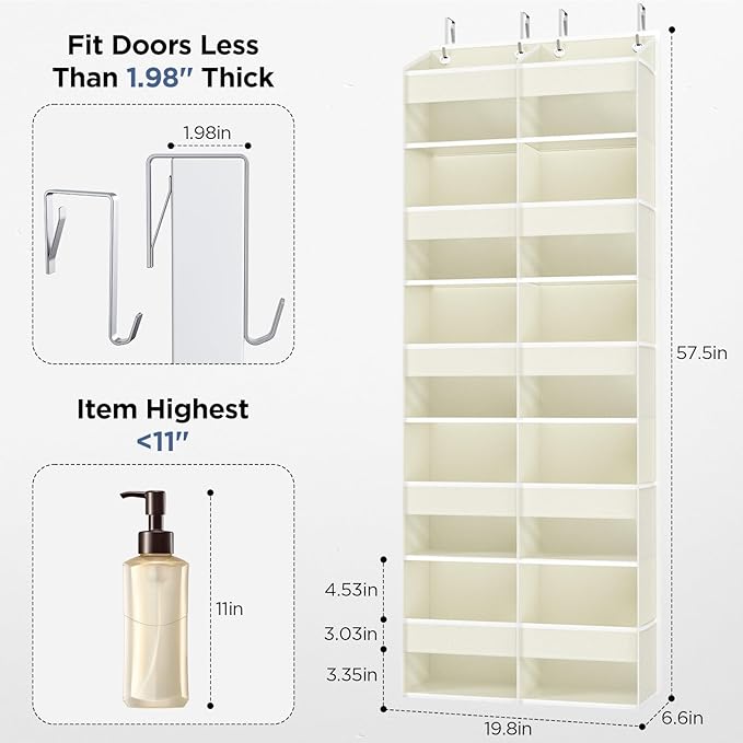 5-Tier Over The Door Organizer with 10 Side Mesh Pockets & Clear Windows, 80 lb Weight Capacity Hanging Storage for Bathroom, Bedroom, Nursery, Kitchen, Organizer Toys, Shoes, Diapers (Beige 2 Pack)