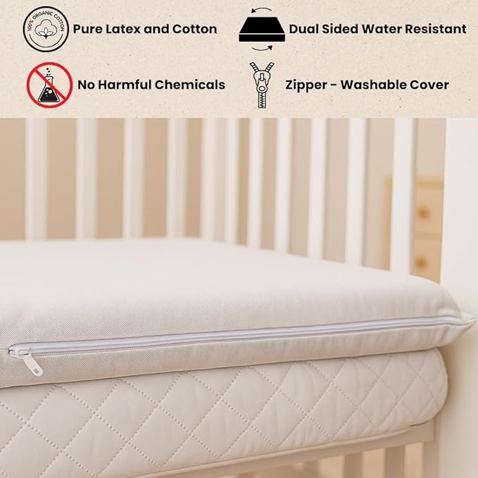 ORGANIC TEXTILES Organic Latex Crib Mattress Topper - 2" Latex for Bassinet (30"x15") - Breathable GOLS/GOTS Certified – Water-Resistant Organic Cotton Cover – No Polyester, Hypoallergenic, Non-Toxic