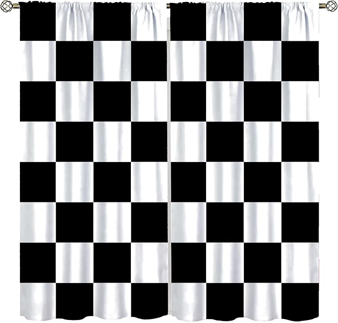 Black Checkered Curtains,70s Vintage Twisted Checkered Window Drapes Colorful Groovy Trendy Wavy Hippie Grid Print Window Treatments for Kids Boy Bedroom Living Room 42" W X 63" L