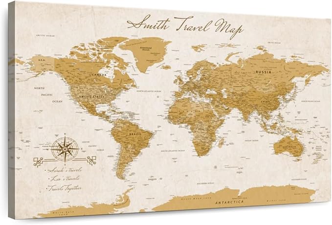 ElephantStock - Personalized Travel Push Pin World Map Wall Art - Horizontal Canvas Wall Art - Living Room Wall Decor - Digital Art Map Canvas Art - Orange And Beige Decor - 48" x 32"