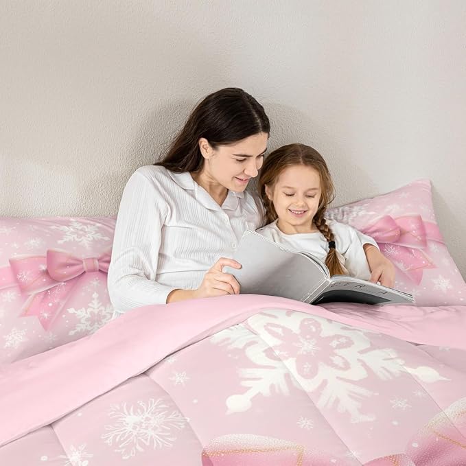 Feelyou Pink Bow Comforter Set All Season Coquette Bow Knot Bedding Set with 2 Pillow Cases Xmas Snowflake Kids Queen Bedclothes Cute Dreamy Princess Style Decor Christmas Duvet Quilt Soft