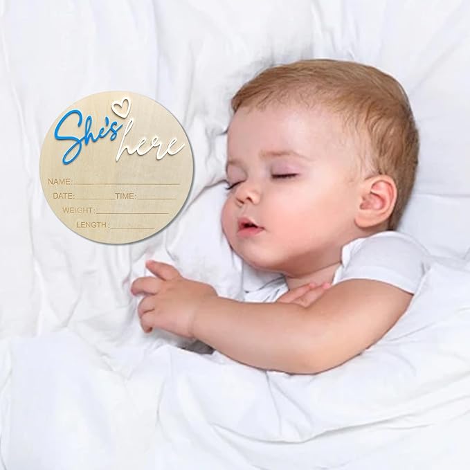 Baby Announcement Sign, 5.9 Inch Wooden Hello World Newborn Signs, Birth Announcement Sign, Gender Reveal Signs, She's here Decoration, Welcome Newborn Arrival To World, Hospital Nursery for Baby (Dark blue She's)