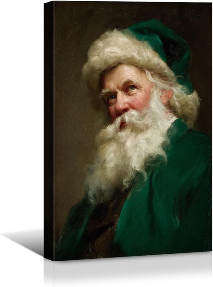 YONICA Christmas Canvas Wall Art Green Santa 36x46 Inch Historical Christmas Figure Art - Large Framed Gallery Wrapped Collectors Edition