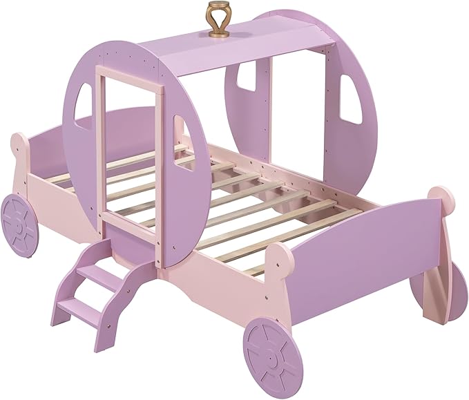 Cute Twin size Princess Carriage Bed with Crown and Stair, Solid Wood Car Bed Frame with 2 Doors, Headboard and Footboard, Safety Wood Slats for Kids Boys Girls Teens Adults (Purple+Pink-s18)