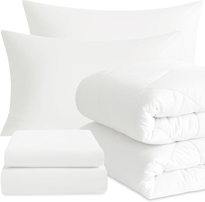 NTBAY Twin Comforter Set with Sheets, 5 Pieces Soft and Breathable Twin Bedding Set, Twin Bed in a Bag, Down Alternative Comforter Set Solid Color All Season, Kids Bedding Set, White
