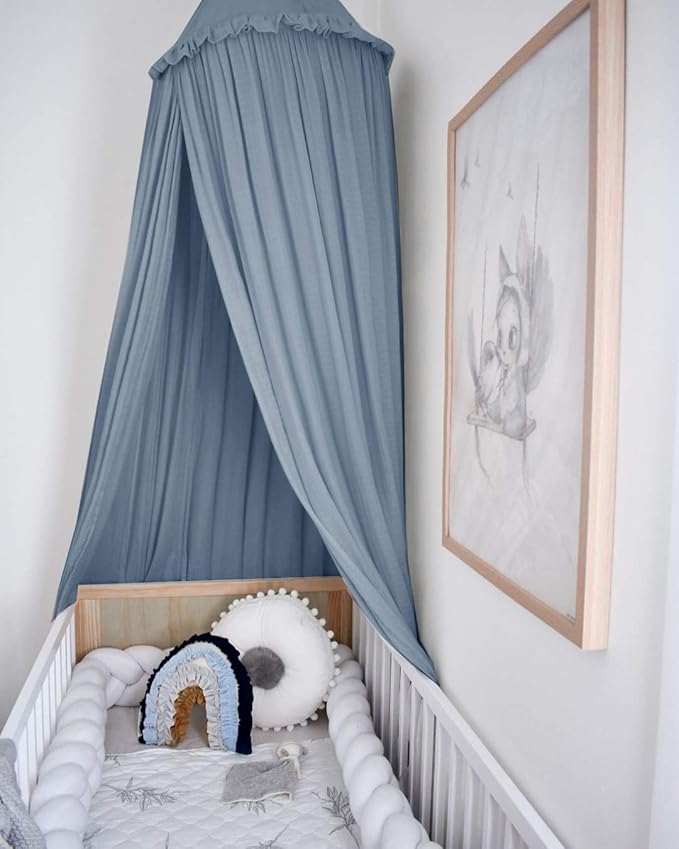 MAMERIA Kids Bed Canopy with Frills Cotton Hanging Tent Curtain Net for Reading Nook Hideaway Bedding Play Room Decor(Blue)