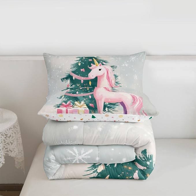 Feelyou Merry Christmas Comforter Set Queen Size Cute Unicorn Bedding Set for Kids Boys Girls Gift Duvet Quilt Christmas Tree Bedroom Decor Microfiber 3 Pcs with 2 Pillow Cases