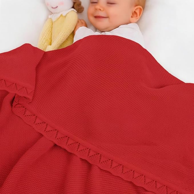 Baby Knit Blanket Soft Breathable Cotton Scallop Border Blankets Newborn Knitted Blanket Swaddle Blankets Gifts for Baby Newborn Toddler Shower Boy Girl New Mom Birthday Christmas Red 30x30