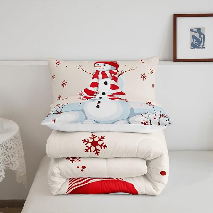 Kids Snowman Christmas Comforter Set Twin Size,Snowflake Romantic Bedding,Girls Boys Adults Bedroom/Xmas Cabin Decor,Geometric Grid Lattice Down Comforter,Rustic Farmhouse Duvet Insert,1 Pillowcase