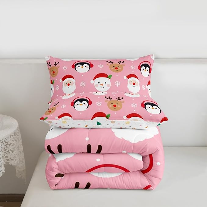 Feelyou Pink Christmas Comforter Set Twin Size Santa Claus Bedding Set for Kids Boys Girls Deer Penguin Duvet Quilt Snowman Bedroom Decor Microfiber 2 Pcs with 1 Pillow Cases