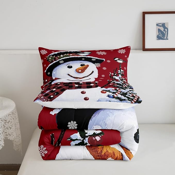 Feelyou Kids Christmas Theme Decorations Bedding Set Xmas Snowman Comforter Set for Boys Girls Snowflake Kawaii Cute Comforter Red Quilt Set Bedroom Collection Toddler Size