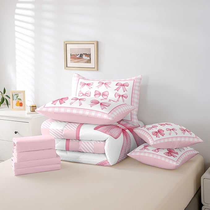 7 Pieces Pink Bowknot Kids Comforter King,Geometric Plaids Grids Patchwork Fashion Bedding Set,Bow Tie Knot Princess Romantic Chic（Comforter+Fitted+Flat Sheet+2 Pillowcases+2 Throw Pillow Covers）
