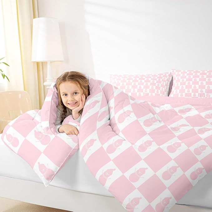 Feelyou Christmas Comforter Set Queen Size Checkered Bedding Set for Kids Boys Girls Snowman Duvet Quilt Xmas Decorations Bedroom Decor Pink Microfiber 3 Pcs with 2 Pillow Cases Soft Lightweight