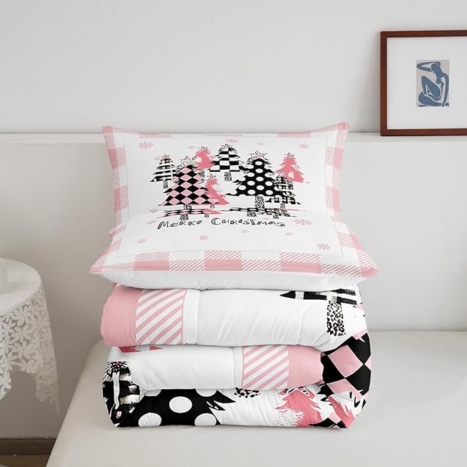 Manfei Merry Christmas Comforter Set Queen Size, Pink Plaid Xmas Trees Bedding Set 3pcs, New Year Cartoon Down Comforter for All Season, Kids Girls Santa Claus Bedroom Decor, 2 Pillowcases, No Sheets