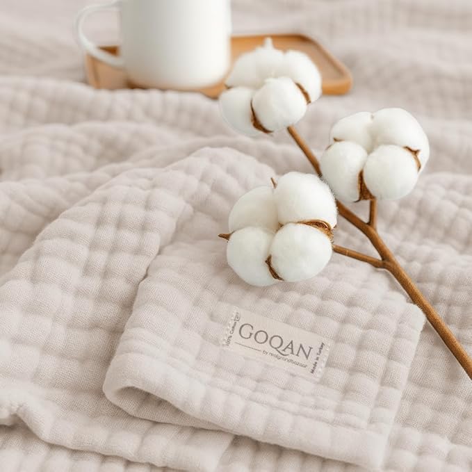 Goqan Muslin Blanket King Size 90x108 – 100% Cotton 4 Layer Boho Muslin Blanket for Adults, Lightweight, Soft, Breathable for Bed, Couch - Beige