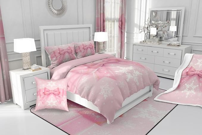 Feelyou Pink Bow Comforter Set All Season Coquette Bow Knot Bedding Set with 2 Pillow Cases Xmas Snowflake Kids Queen Bedclothes Cute Dreamy Princess Style Decor Christmas Duvet Quilt Soft