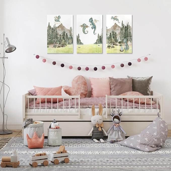 Green Baby Dragon Nursery Wall Decor, Dragon Egg Nursery Print for Baby Boy's Bedroom, Woodland Forest Mountain Wall Art, Nature Animal Art for Kids Room Decor, Framed Set of 3 Canvas, 16"x24"x3