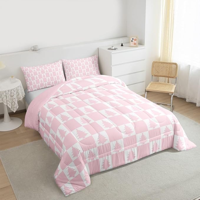 Feelyou Christmas Bedding Set Soft for Boys Girls, Checkered Comforter Set Queen Size Christmas Tree Duvet Quilt Microfiber Xmas Decorations Bedroom Decor Pink 3 Pcs with 2 Pillow Cases